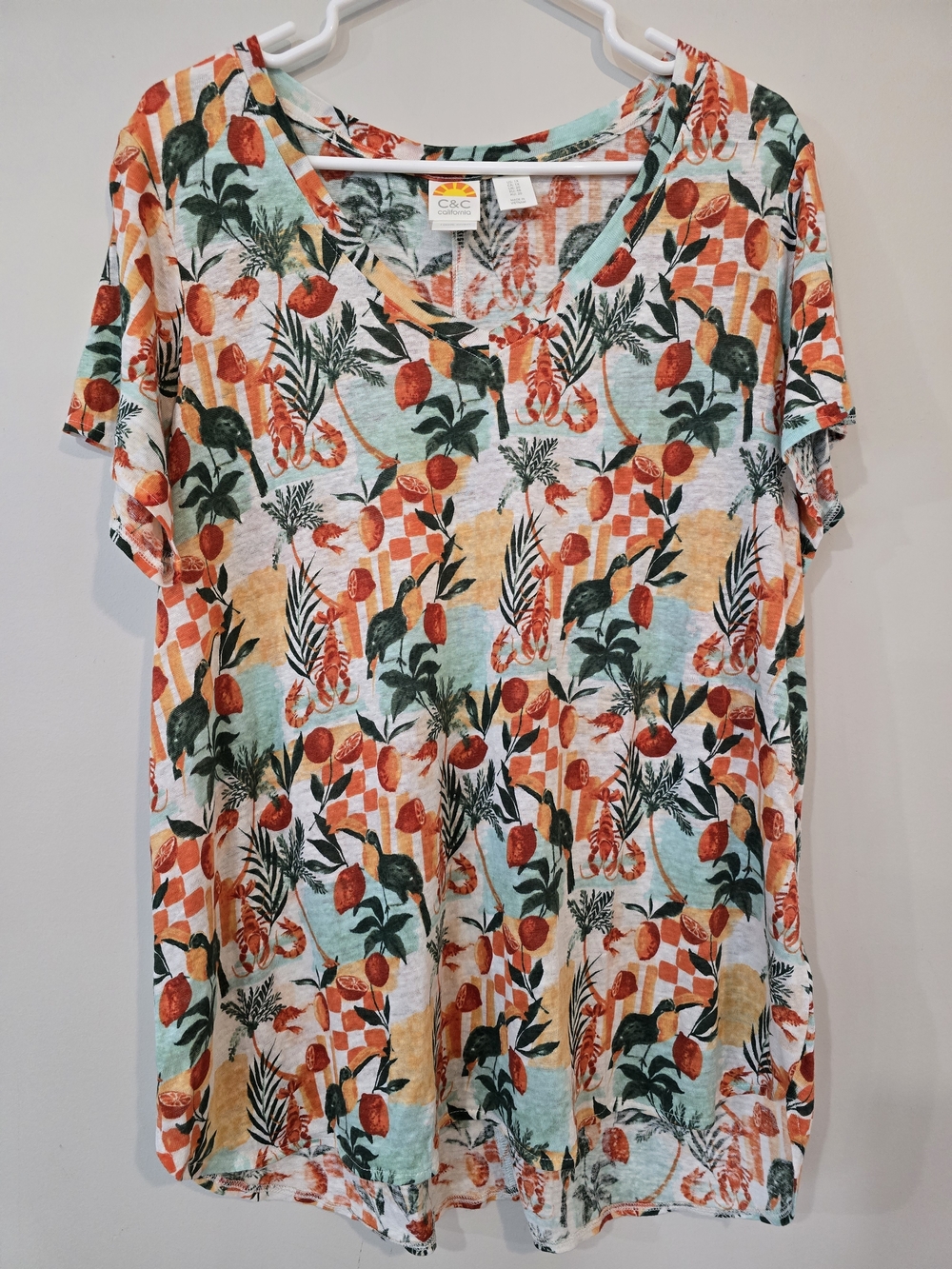 C&C California Tropical 100% Linen V-Neck Tee in Orange, Teal & Cream